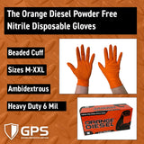 Golden Protective Services Outlet The Orange Diesel, Orange Nitrile Disposable Gloves, Powder Free, 6 Mil, Diamond Textured, Beaded Cuff, Sizes M-XXL