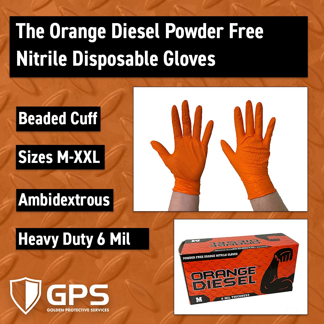 Golden Protective Services Outlet The Orange Diesel, Orange Nitrile Disposable Gloves, Powder Free, 6 Mil, Diamond Textured, Beaded Cuff, Sizes M-XXL