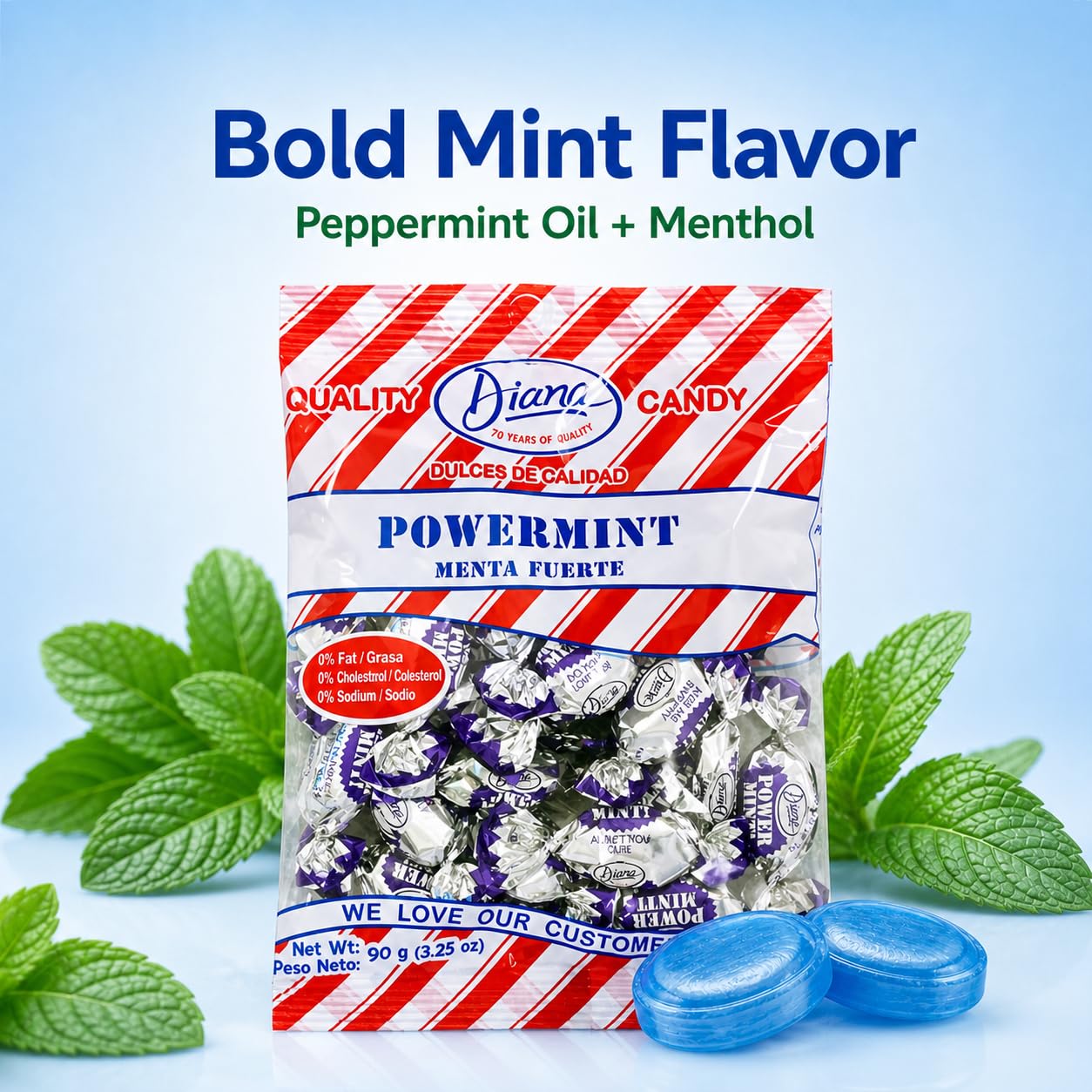 Diana Power Mint - Powerful Breath Mints Individually Wrapped - 90g Hard Candy Pouch (Pack of 4)