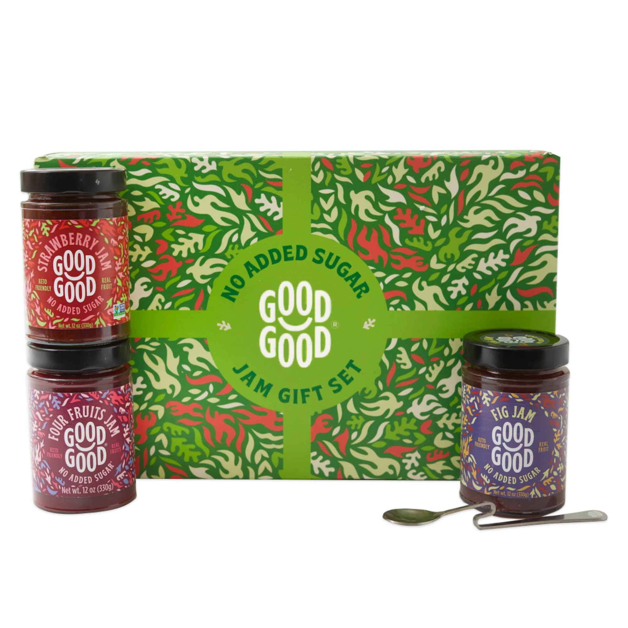 GOOD GOOD Assorted No Added Sugar Jam Gift Box - Strawberry, Fig & Four Fruits Jam Bundle with Serving Spoon - Low Carb, Low-Calorie Spread - Keto