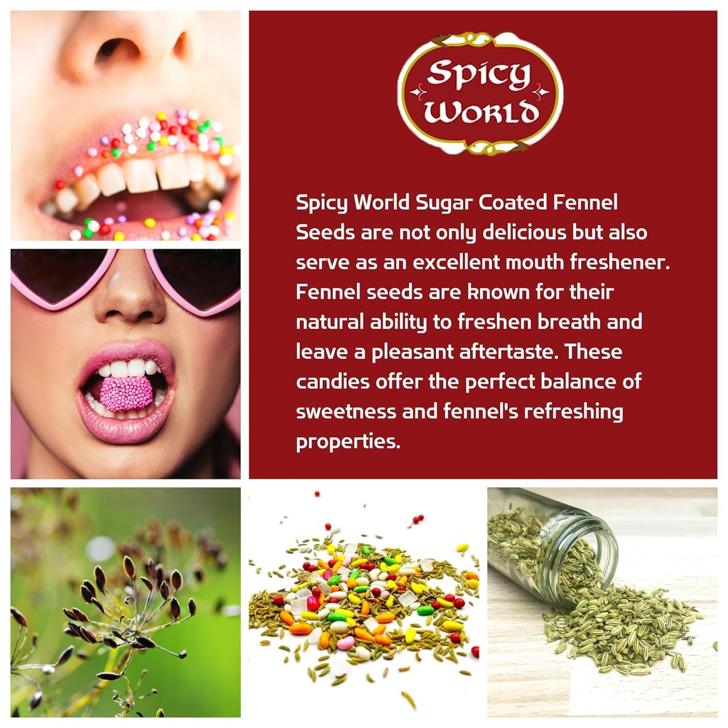 Spicy World Sugar Coated Fennel Seeds | Sweet Saunf Candy for Mouth Freshening - 7 Oz (200g) Pack | Premium Quality Fennel Mouth Freshener | Indian