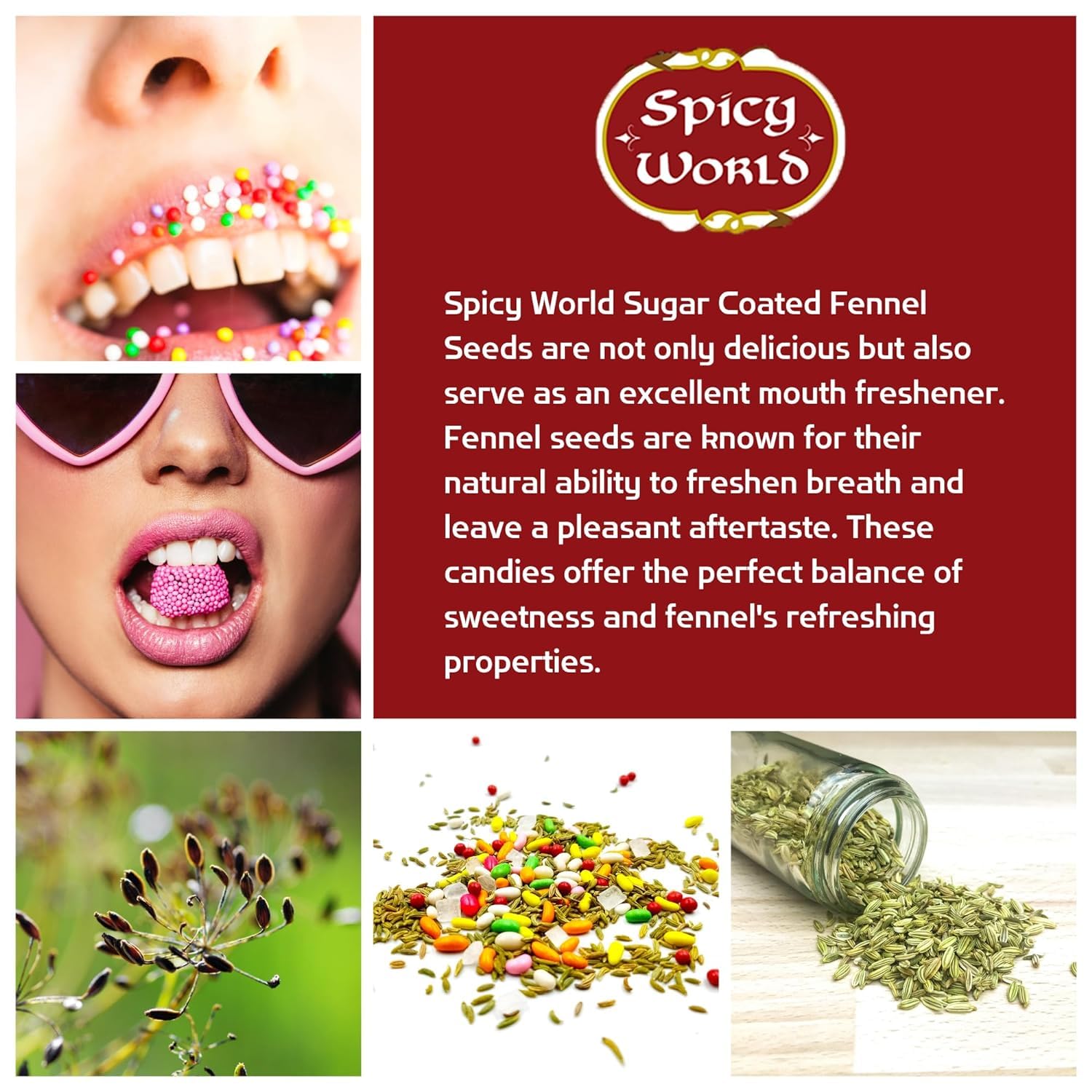 Spicy World Sugar Coated Fennel Seeds | Sweet Saunf Candy for Mouth Freshening - 7 Oz (200g) Pack | Premium Quality Fennel Mouth Freshener | Indian