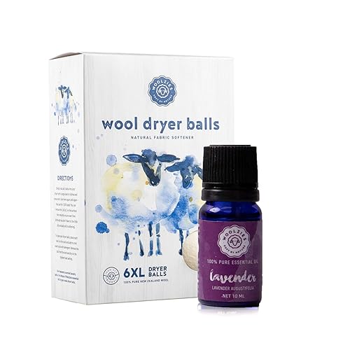 Woolzies Wool Dryer Balls Organic: 6 XL Laundry Balls for Dryer + 10 ml Lavender Essential Oil Combo for use as 100% Pure and Natural Fabric Softener