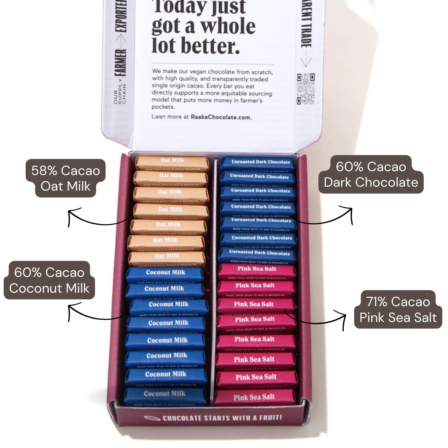 Raaka Dark Chocolate Gift Box | Mini Dark Chocolate Variety Pack | Organic, Vegan, Gluten Free | Box of 30 Individually Wrapped Chocolates