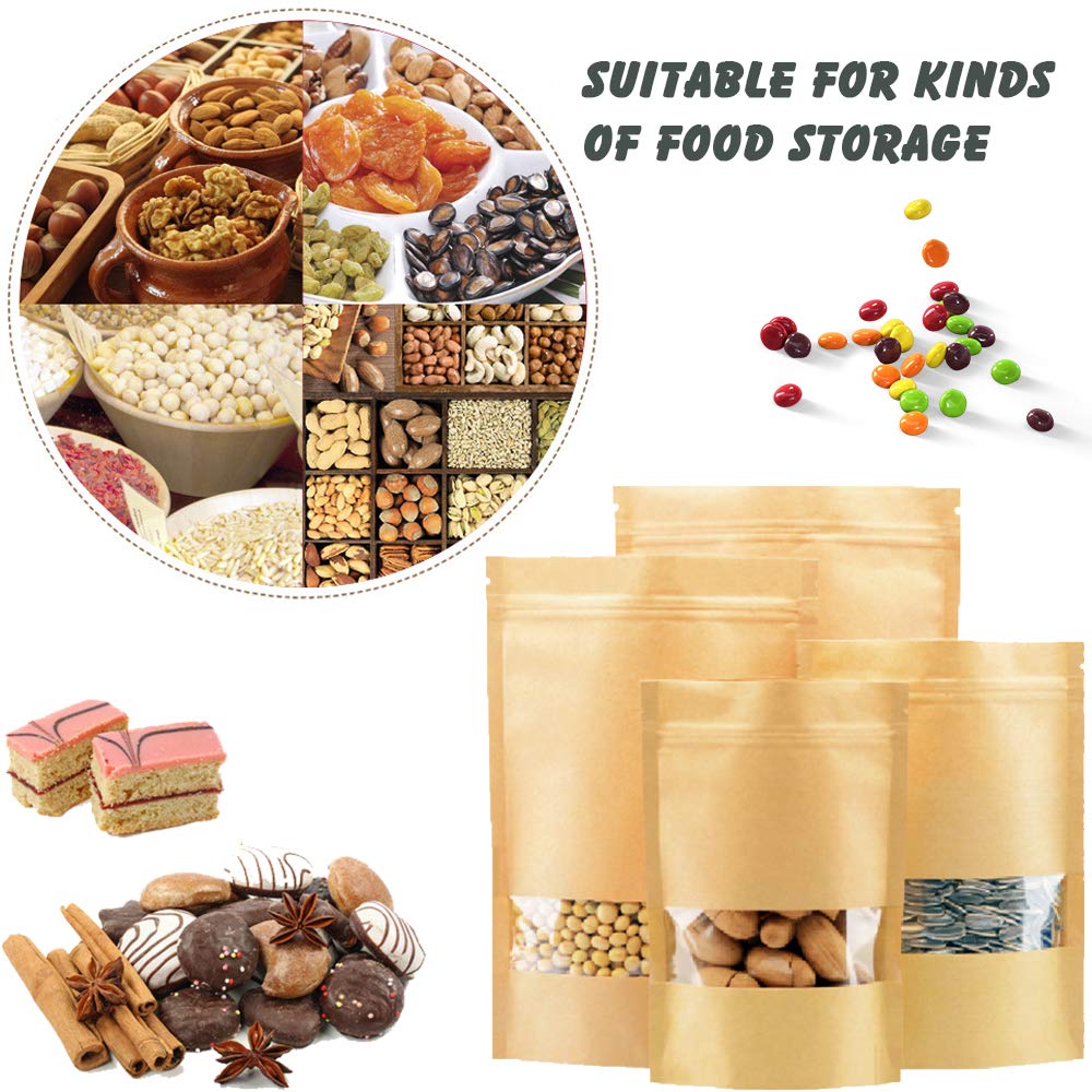 100 Pcs Resealable Stand Up kraft Paper Bags with Window for Packaging Products, Reusable Zip Lock Food Storage Pouch Bags (3.9" x 5.9")