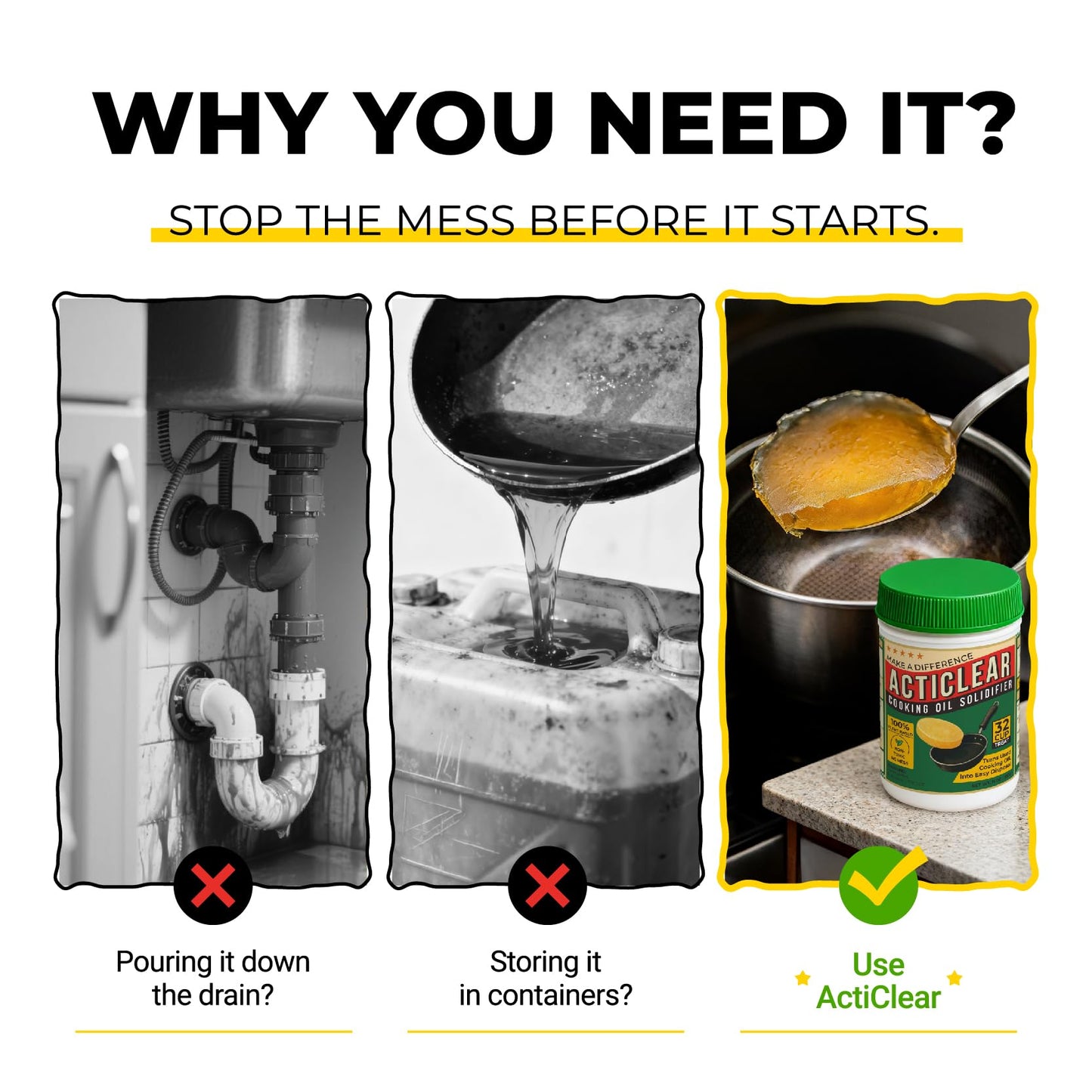 ACTICLEAR Cooking Oil Solidifier - 11oz (32 Cups) Algae-Based Grease Hardener for Easy Disposal, Turns Used Cooking Oils to Solid Waste, Kitchen Fry