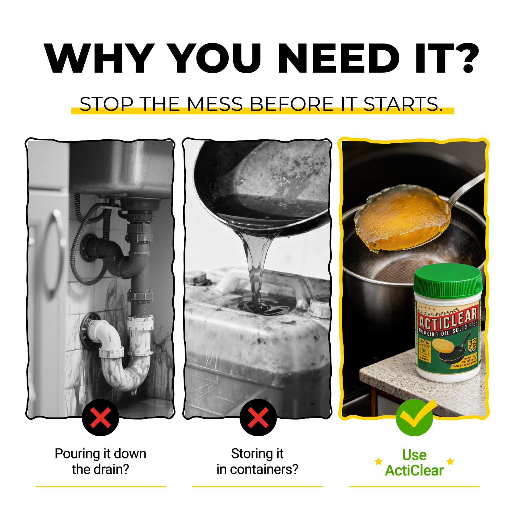 ACTICLEAR Cooking Oil Solidifier - 11oz (32 Cups) Algae-Based Grease Hardener for Easy Disposal, Turns Used Cooking Oils to Solid Waste, Kitchen Fry