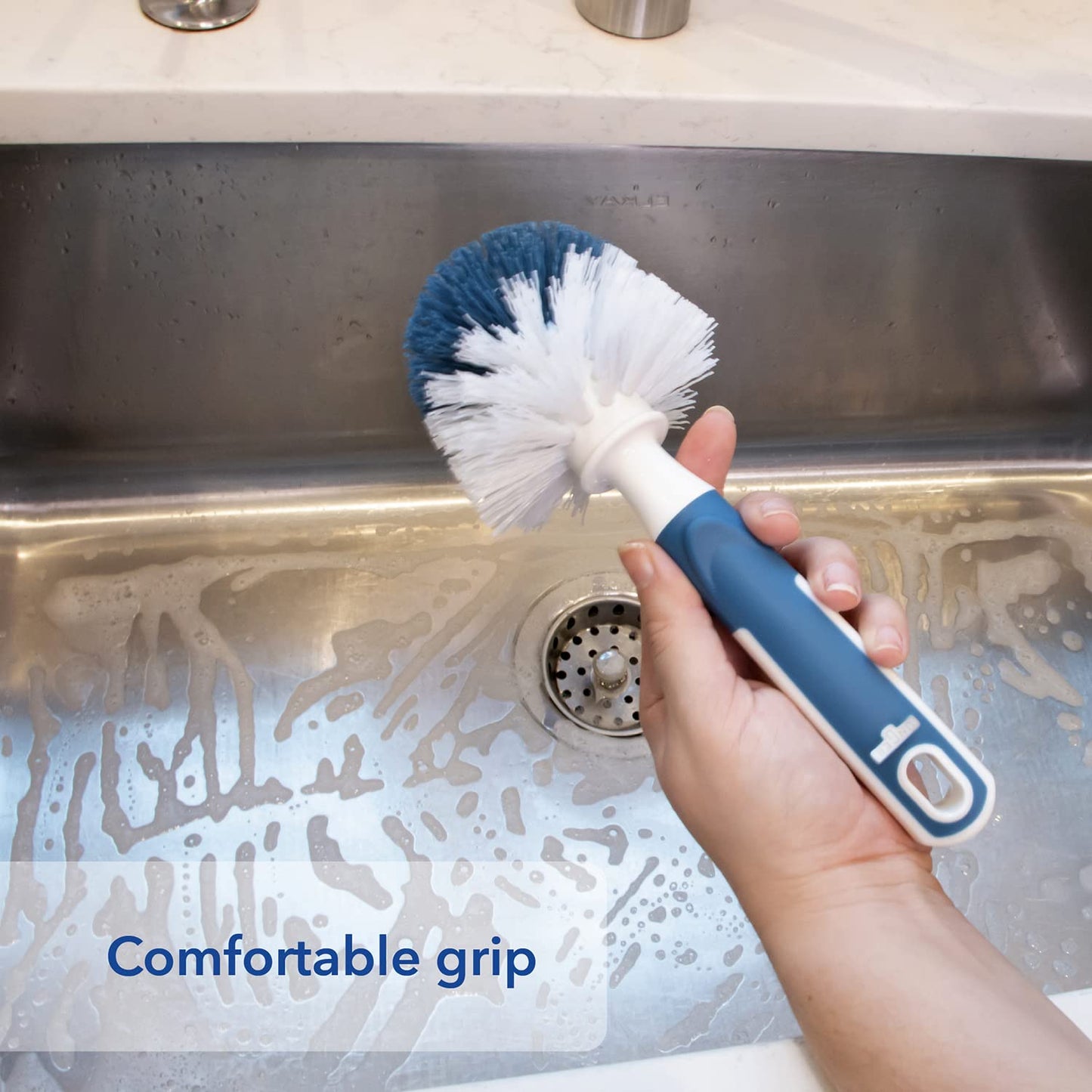 Unger Sink and Dish Scrub Brush, Kitchen Washing Scrubber for Hard-to-Reach Corners, Small Cleaning Supplies, Non-Scratch Bristles, Glassware, Pots