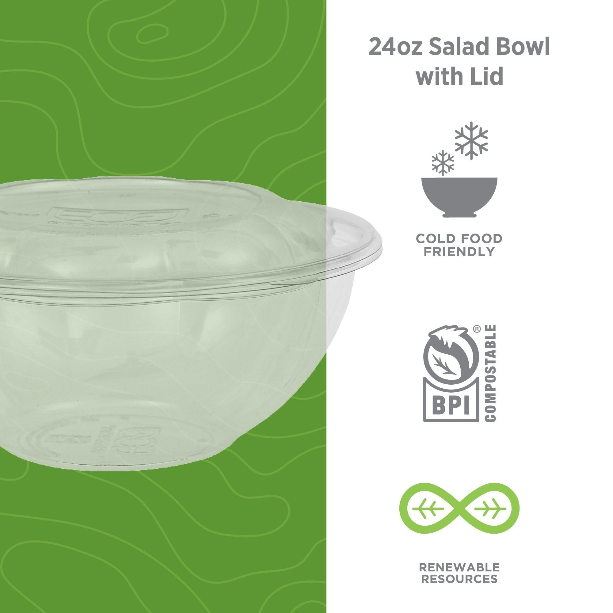 ECO PRODUCTS Compostable 24oz Salad Bowl, Clear PLA Plastic, With Lid, Case of 150, Grab 'n' Go Round Cold Takeout Food Containers, Renewable