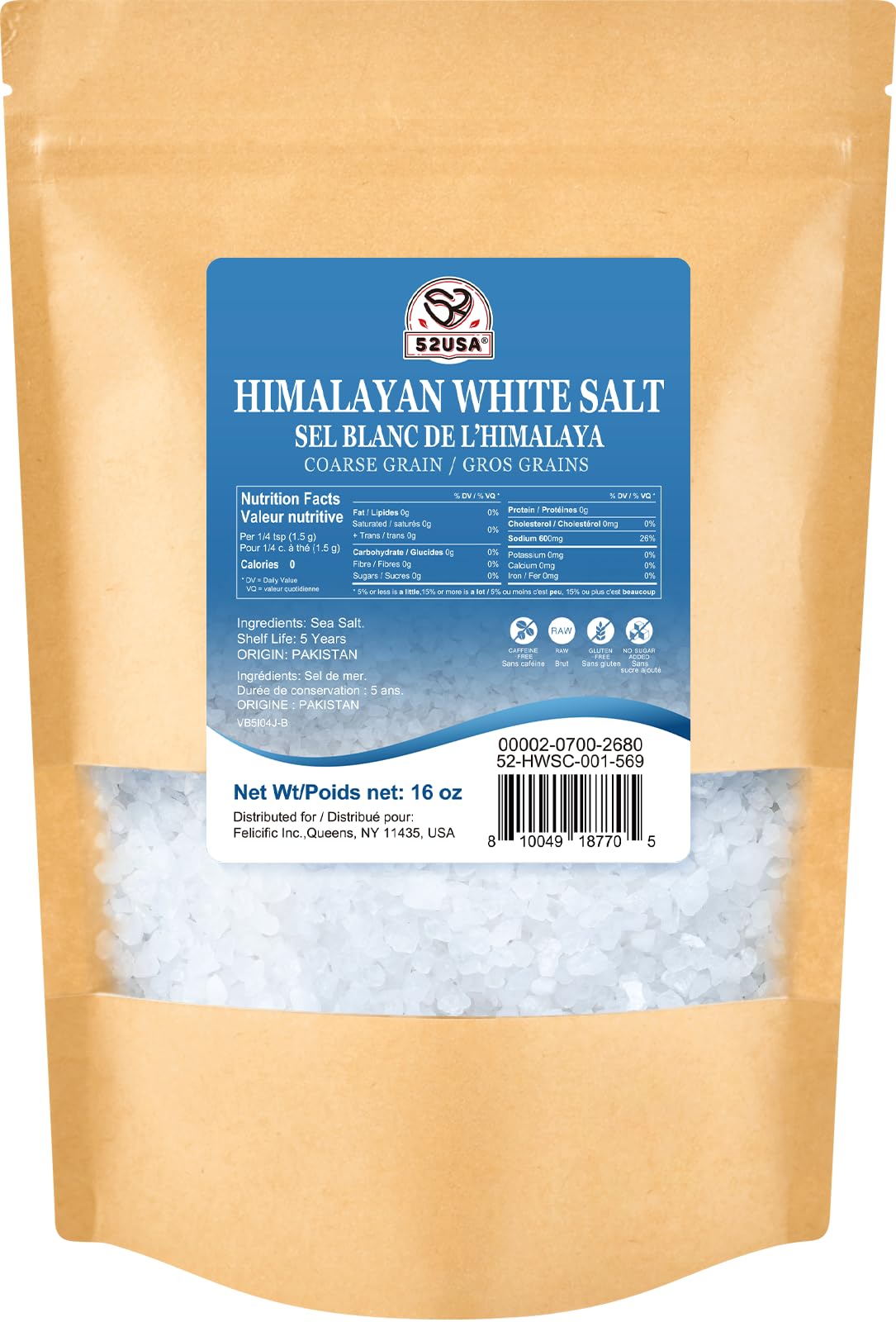 52USA Himalayan White Salt, Coarse Salt 16 oz (1 Pound), Salt for Grinder Refill, Non-GMO, All Natural Sea Salt, Kosher Salt (Pack of 1)