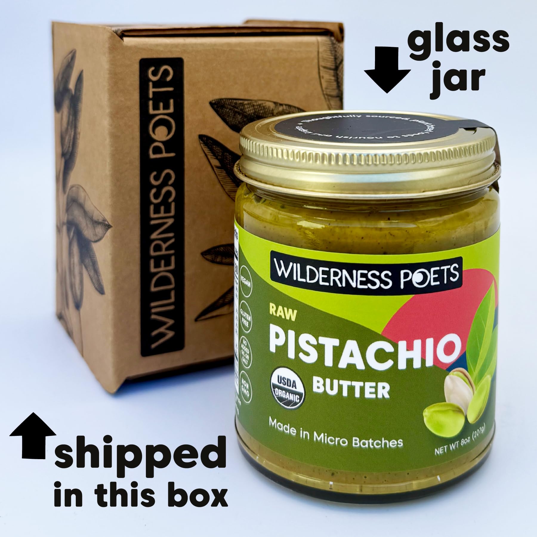 Wilderness Poets, Pistachio Butter - Organic, Raw, 100% Pistachio - Glass Jar (8 Ounce) - Perfect for Dubai Chocolate Bar Desserts with Kataifi or