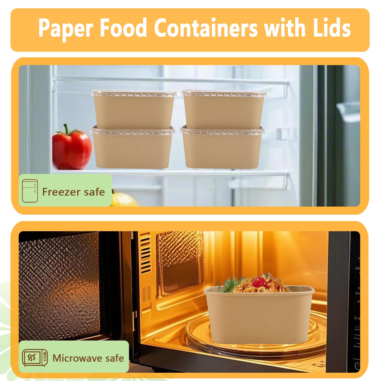 Gdotmely 50 Pack Paper Food Containers with Lids,35 oz Kraft Paper Bowls,Cardboard Meal Prep Containers with Lids for Salad,Snacks,Desserts,Hot/Cold
