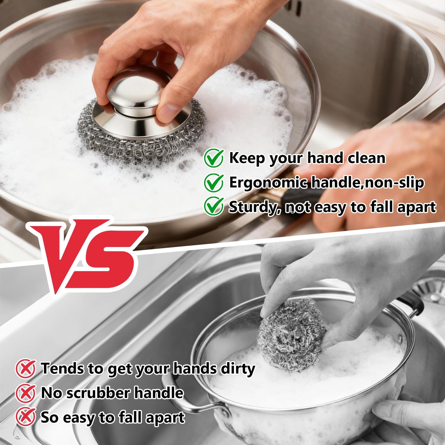Steel Wool Scrubber, 4-Pack Stainless Steel Scrubber Pads with Handle - The Ultimate Scouring Solution for Rust, Stubborn Messes on Cookware, Grill