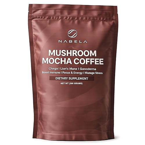 Nabela Mocha Mushroom Coffee - Instant Colombian & Arabic Roasted Blend with Lion's Mane, Chaga & Reishi - Focus & Energy Mushroom Powder - Delicious
