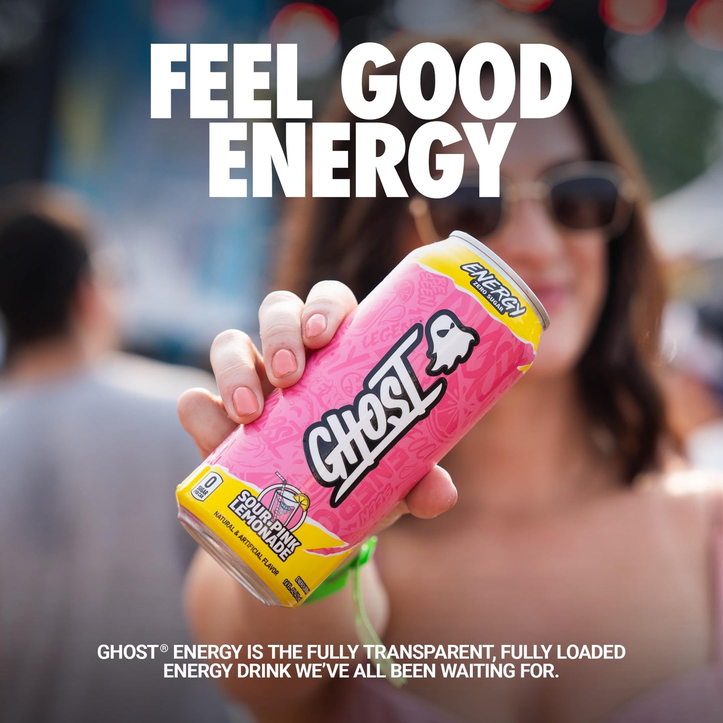 GHOST Energy Drink - 12-Pack, Sour Pink Lemonade, 16oz Cans - Energy & Focus & No Artificial Colors - 200mg of Natural Caffeine, L-Carnitine & Taurine