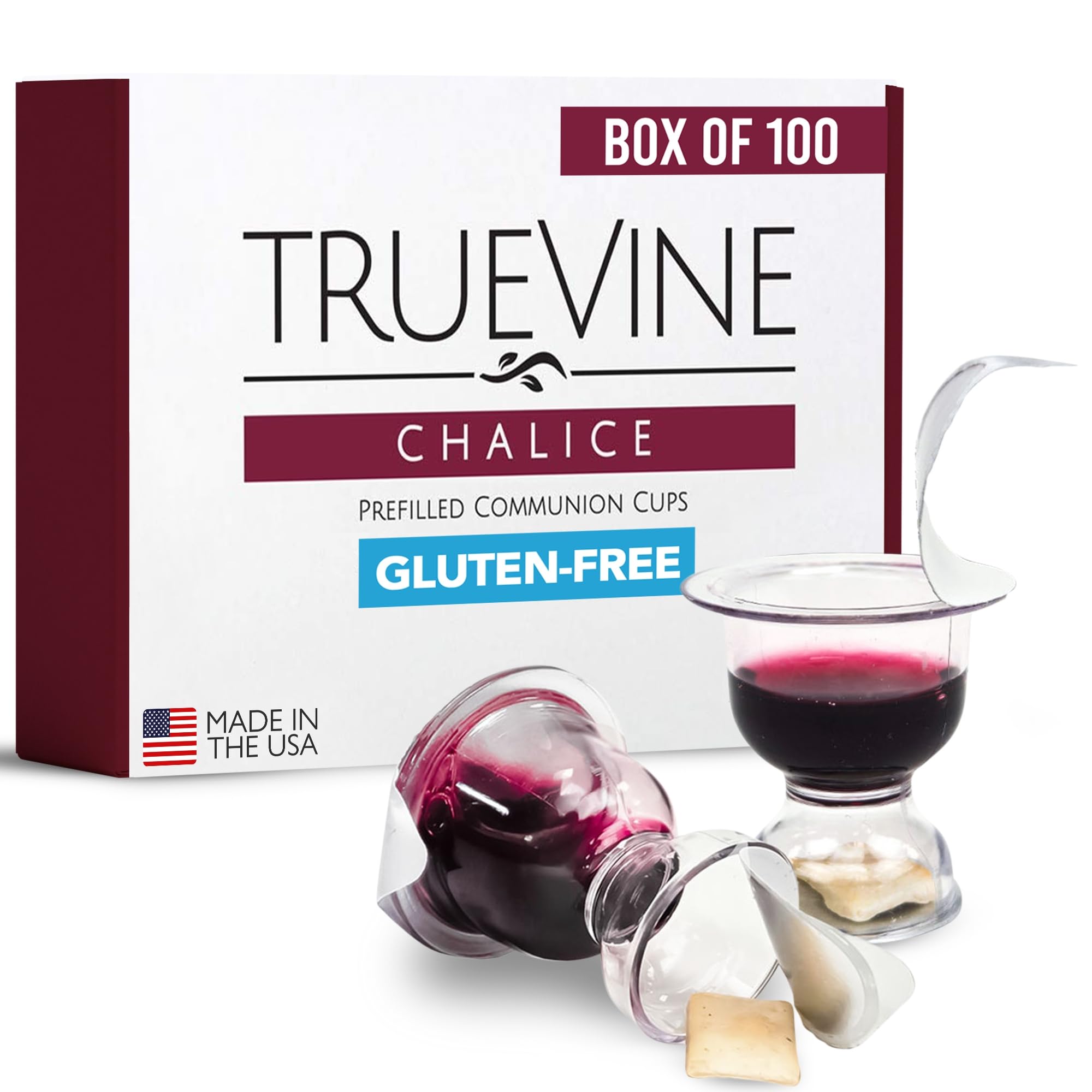 TrueVine Chalice Communion Cups and Wafer Set - Prefilled Cups with Gluten Free Unleavened Bread & Grape Juice - Carefully Packaged & Easy to Open