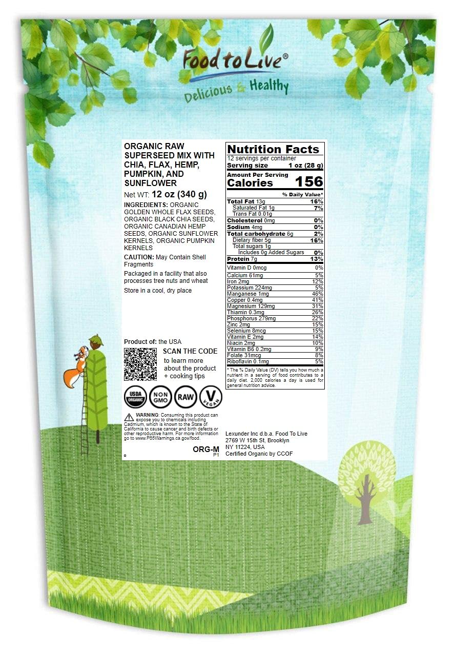 Food to Live - Organic Raw Superseed Mix- Chia, Flax, Hemp, Pumpkin, and Sunflower, 12 Ounces - Non-GMO Whole Seeds Blend, Vegan, Kosher, Raw, Bulk