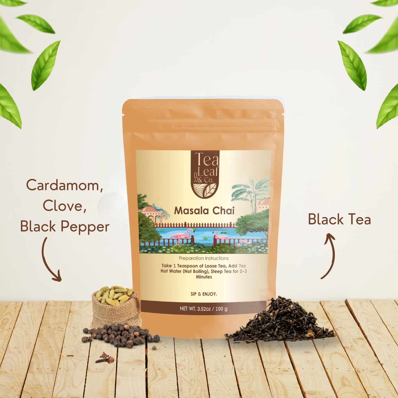 Tealeaf & Co. Masala Chai - Loose Leaf Black Tea Blended with Organic Spices (Ginger, Cardamom, Black Pepper & Cloves Whole Organic) - Low Caffeine