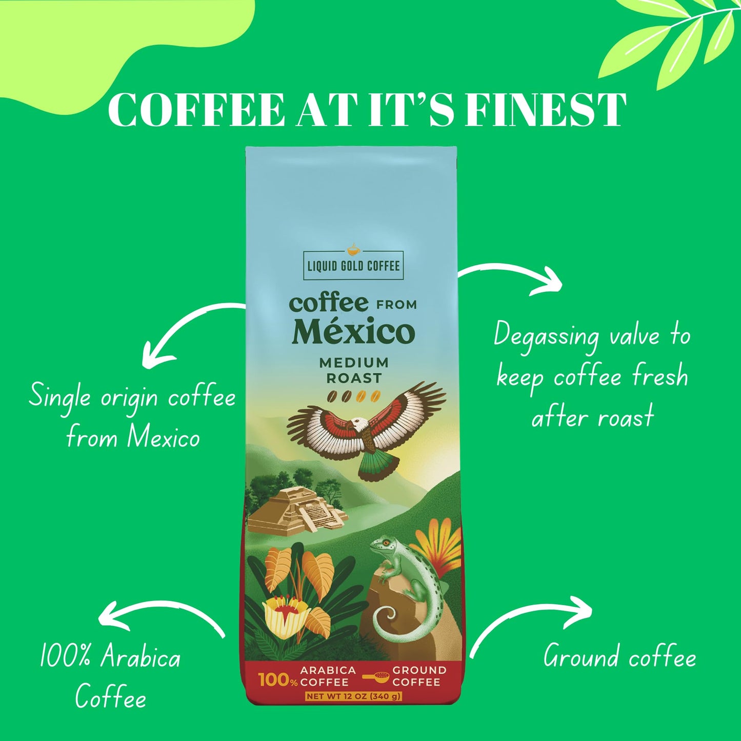 Coffee from Mexico Medium Roast Ground, 12 OZ Bag (340 Grams), by Liquid Gold Coffee, 100% Arabica Beans, 100% Arabica, Fair Trade, From Marachi