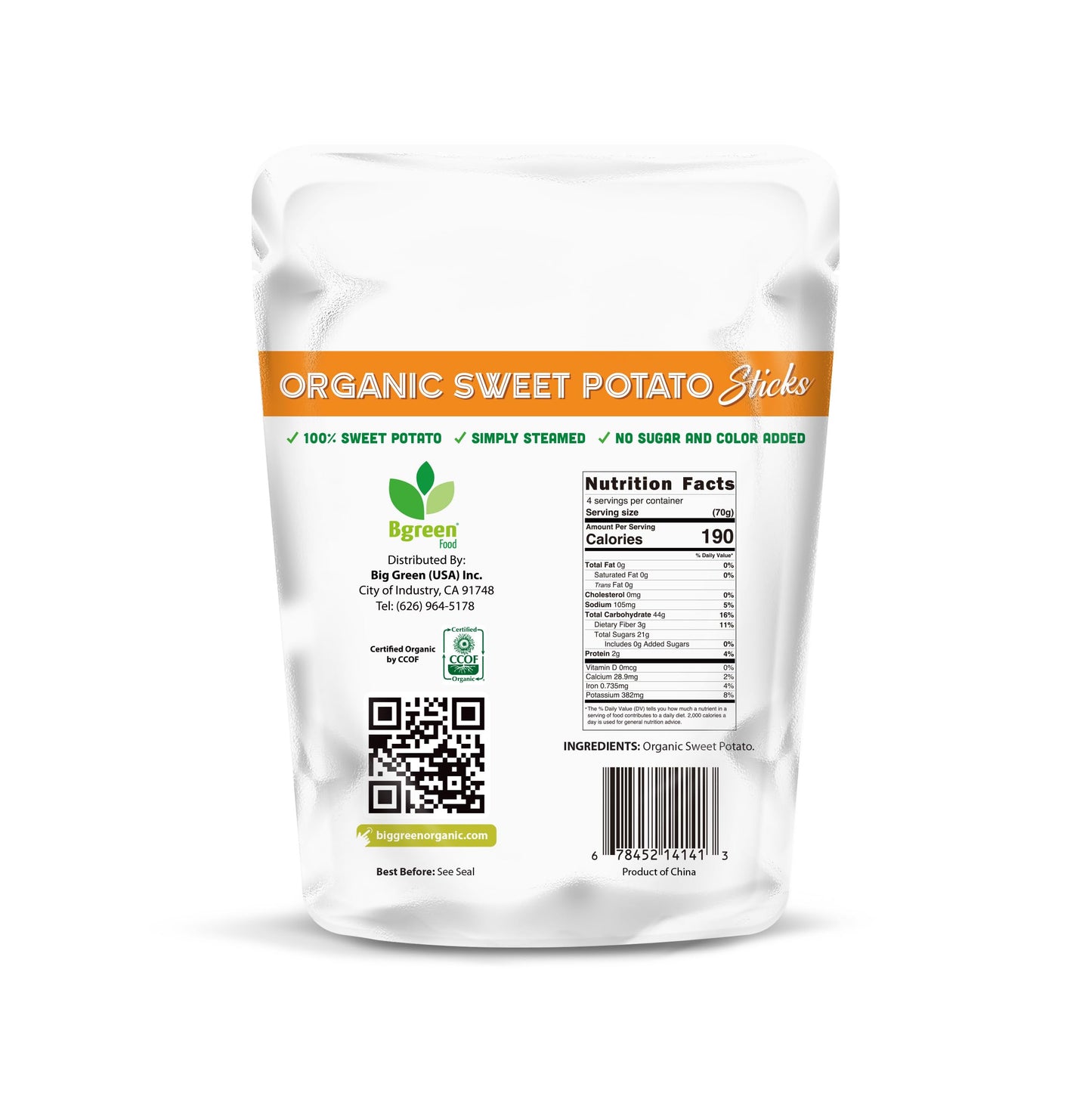 Big Green Organic Food - Organic Sweet Potato Sticks, Healthy Snack, Single Ingredient, Gluten-Free, Non-GMO, All-Natural, Perfect for Kids & Adults