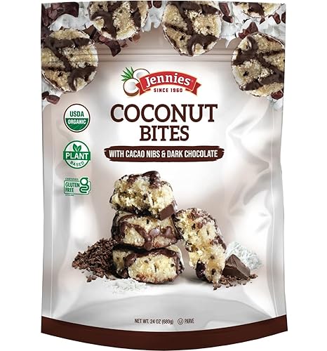 Jennies USDA Organic Coconut, Cacao Nibs and Dark Chocolate Bites, Raw, Plant-Based, Vegan, Certified Gluten Free, Non-GMO, Sulfite Free, OU Kosher
