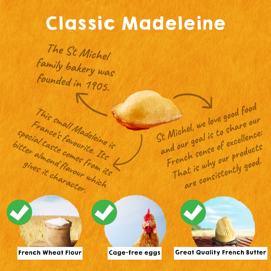 St Michel Traditional Madeleines French Sponge Cakes Made In France, Pack of 2 (250g each) Non-GMO. Total of 20 Individually Wrapped All Butter