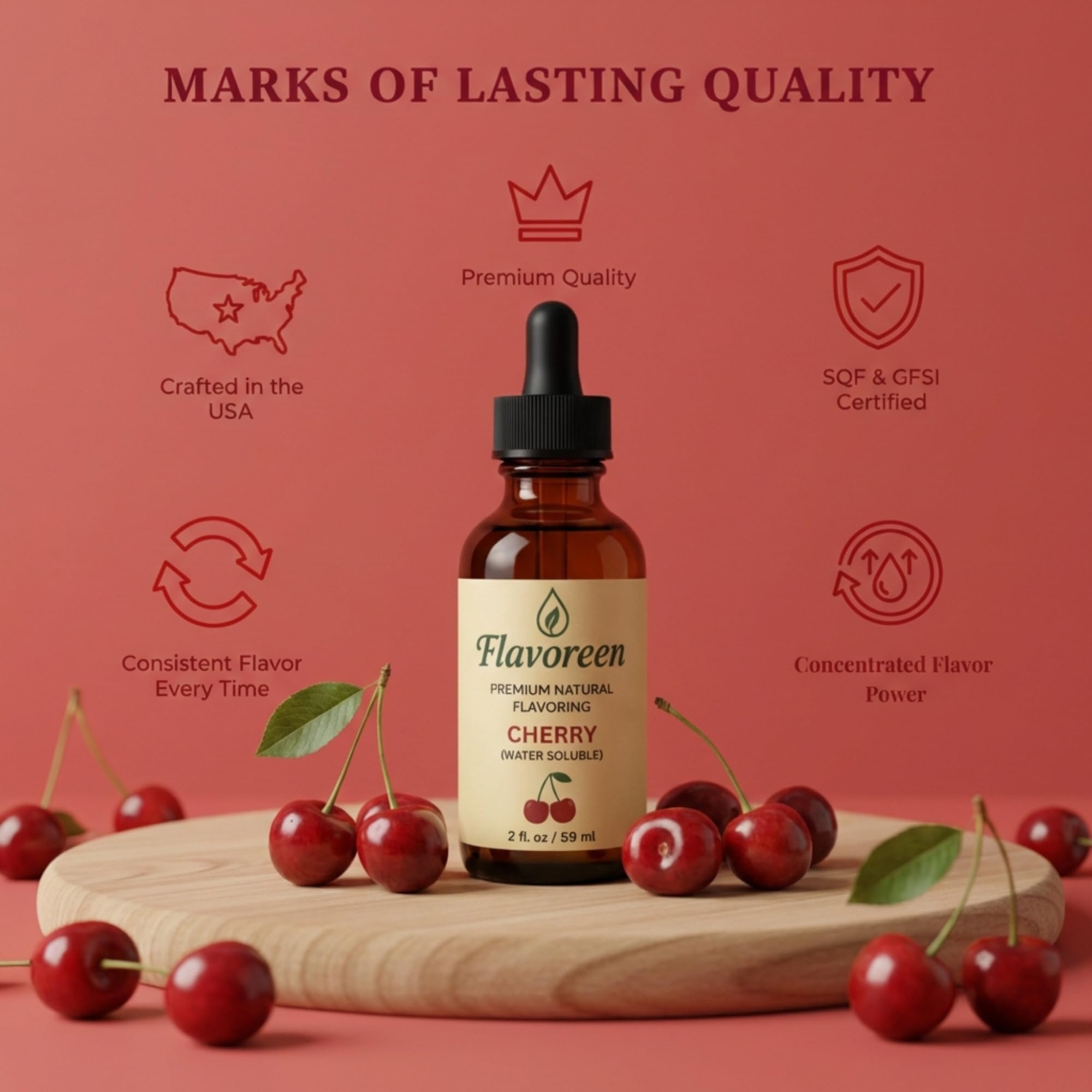 Flavoreen Cherry Extract - Highly Concentrated Liquid Flavoring - Water Soluble - for Drinks, Candy Making, Baking, Icing & Sodas - Premium Cherry