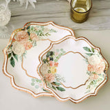 TCF Linen 50 Pack 8" White/Rose Gold Floral Print Scallop Rim Dessert Plates, Disposable Round Paper Appetizer Salad Plates 300 GSM for Party