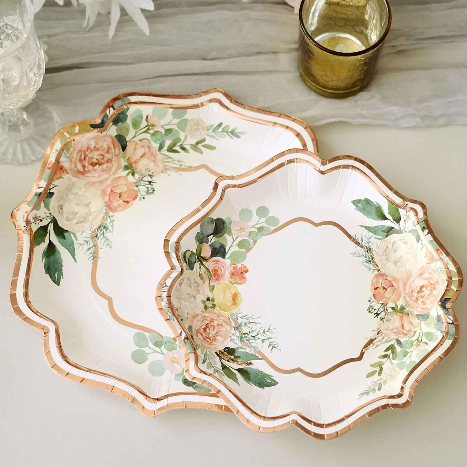 TCF Linen 50 Pack 8" White/Rose Gold Floral Print Scallop Rim Dessert Plates, Disposable Round Paper Appetizer Salad Plates 300 GSM for Party