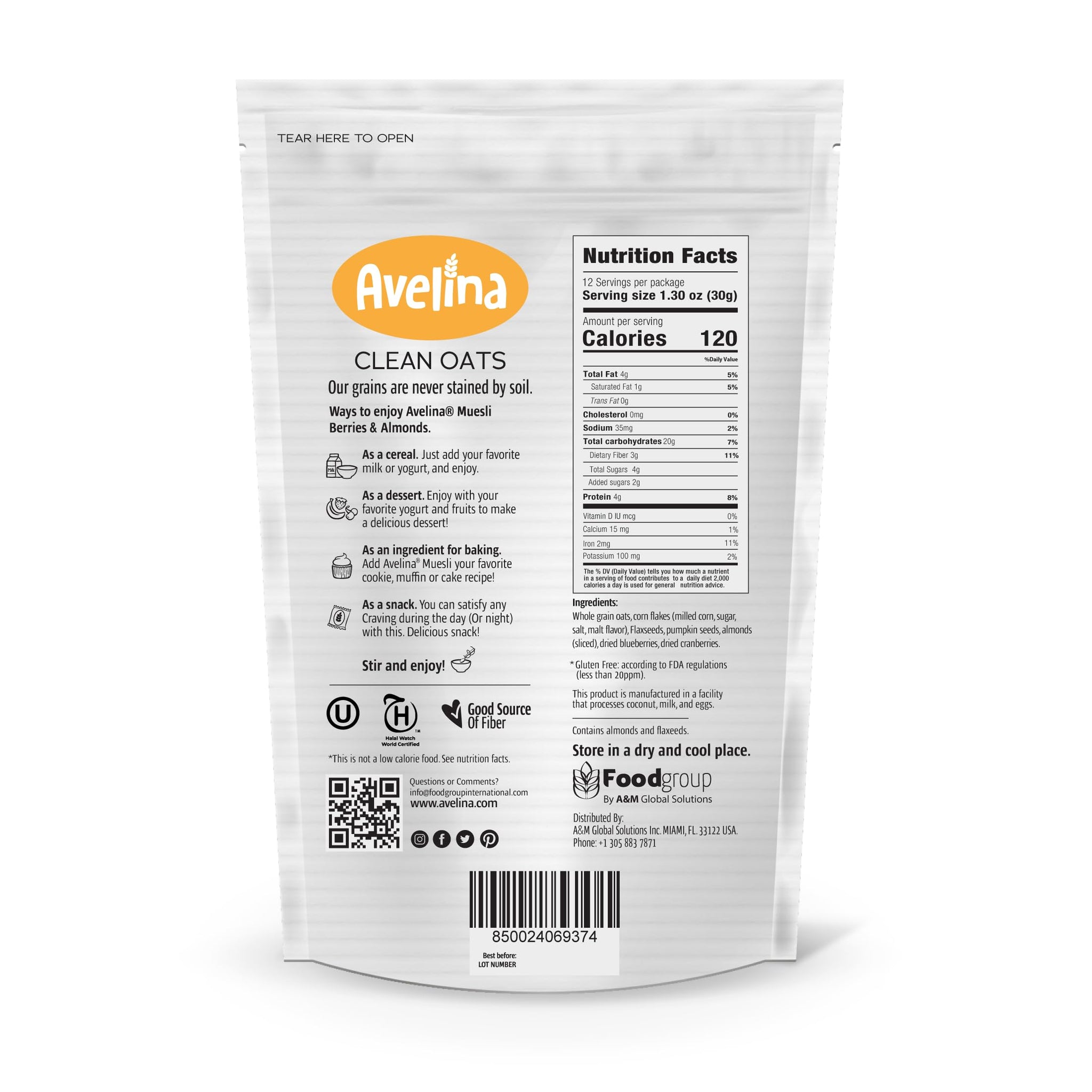 Avelina Natural Flavors Muesli - Gluten-Free Healthy Oatmeal-Based Cereal - Kosher, Non-Gmo and Gluten free - 12.7 oz (Berries & Almonds, 1-Pack)