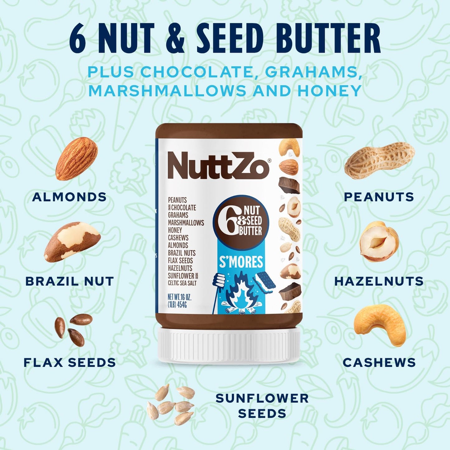 NuttZo S’mores Nut & Seed Butter - 16oz | Creamy Blend with Peanuts, Cashews, Almonds, Graham Crackers, Dark Chocolate & Marshmallows | 5g Sugar, 6g