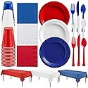 Nicole Fantini 411 PCS Combo American Flag Themed Red White and Blue Disposable Party Set 60 9'' Plastic Dinner Plates | Cups Paper Napkins 96 cutlery