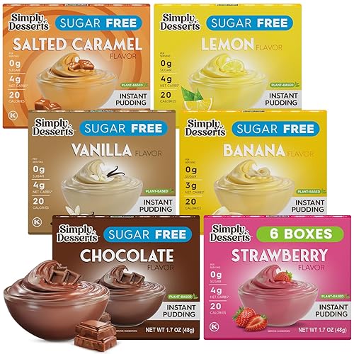 Simply Desserts Strawberry, Chocolate, Vanilla, Banana, Salted Caramel, Lemon Instant Pudding, Sugar-Free, Variety 6-Pack - Healthy Dessert, Keto