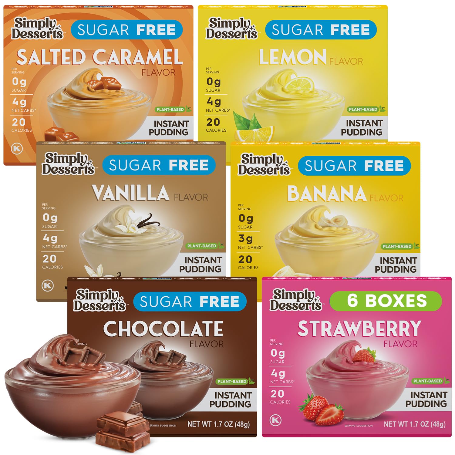 Simply Desserts Strawberry, Chocolate, Vanilla, Banana, Salted Caramel, Lemon Instant Pudding, Sugar-Free, Variety 6-Pack - Healthy Dessert, Keto