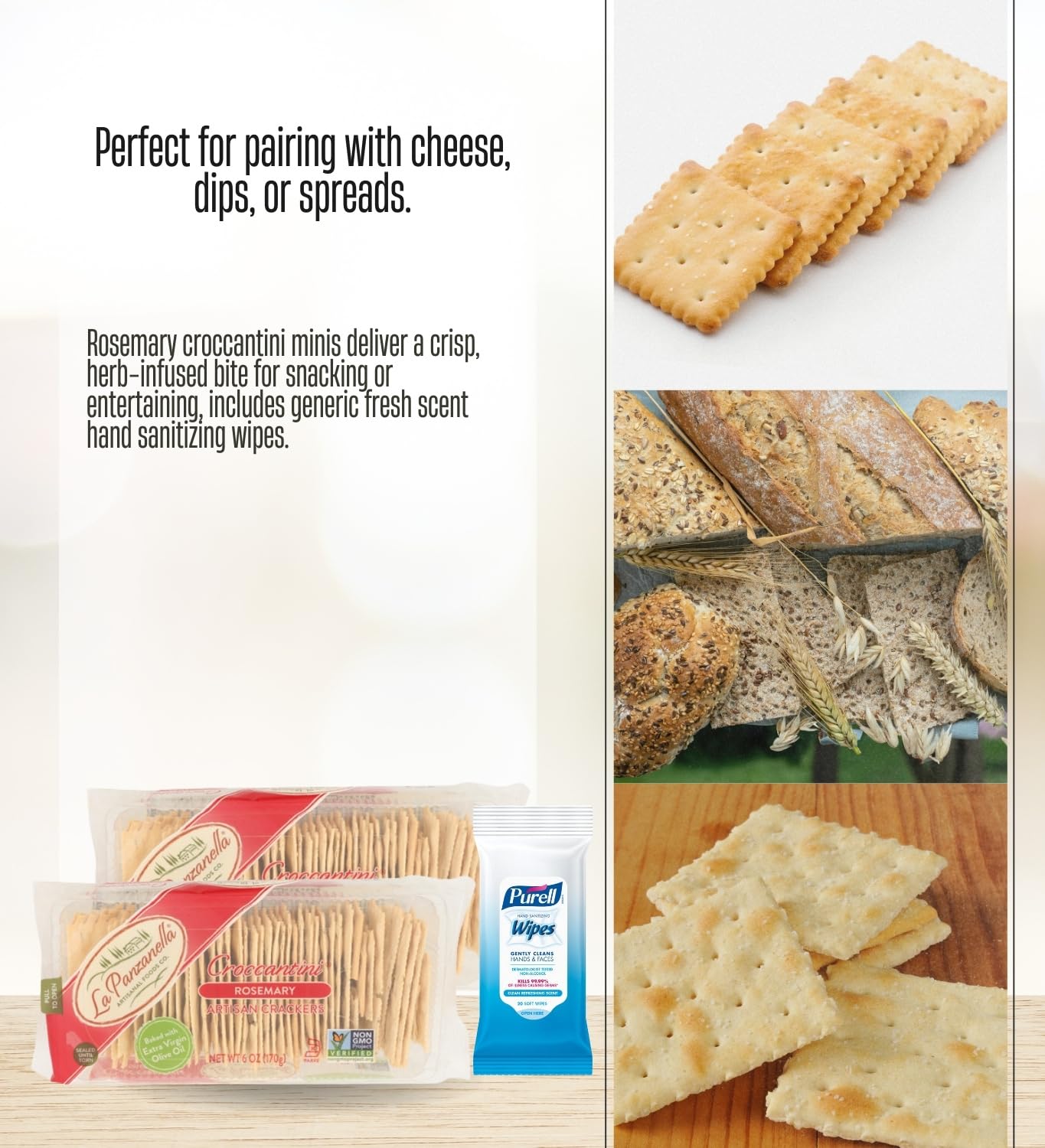 Rosemary Crackers - 2x La Panzanella Rosemary-Mini Croccantini-Crackers 6 oz Bundle with Hand Sanitizing Wipes - Crisp Artisan Snack Crackers