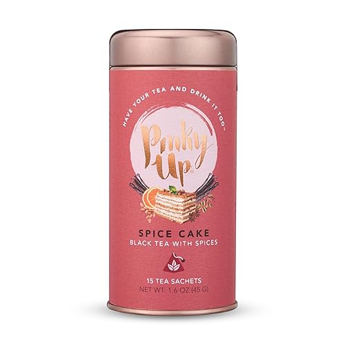 Pinky Up Spice Cake Black Tea, Full Leaf with Spices, Almond, Citrus & Bourbon Vanilla Extract, 15 Sachets, Orange Spice Tea, Rich, Warm Flavors, Self