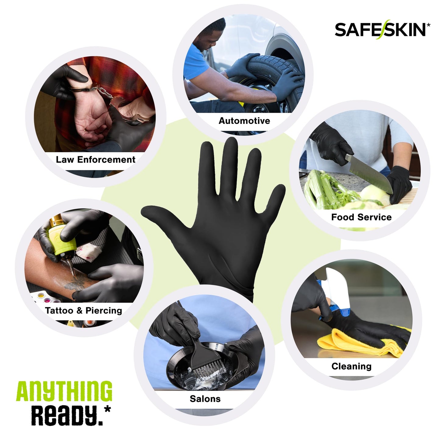 SAFESKIN Black Nitrile Disposable Gloves Powder Free Latex Free Tattoo, Food Prep, Auto Salons, Cleaning, Law Enforcement, 3.5 mil, Size Large, Box