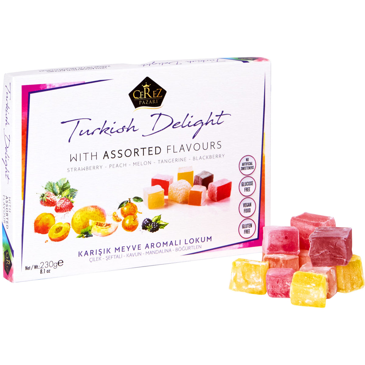 Cerez Pazari Turkish Delights Candy With Assorted Mix Flavors, Vegan Fruit Snacks Gift Box, Sweet Luxury Traditional Confectionery Lokum, Loukoumi