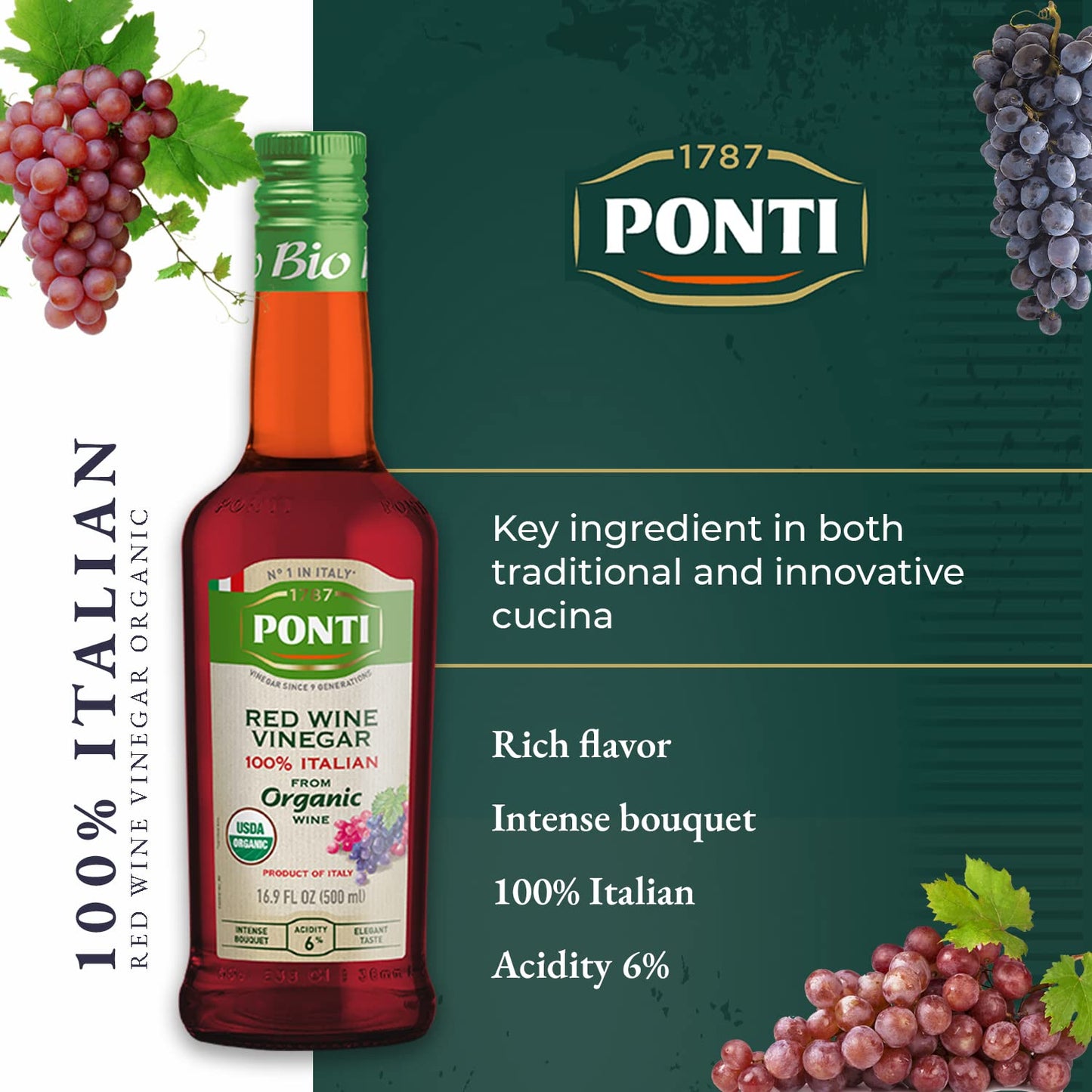 Ponti 100% Italian Red Wine Vinegar for Cooking - Organic Red Wine Vinegar with Balanced Acidity & Harmonious Bouquets - Ideal for Salads, Seafood and Dark Meats - USDA Certified, 16.9 fl oz