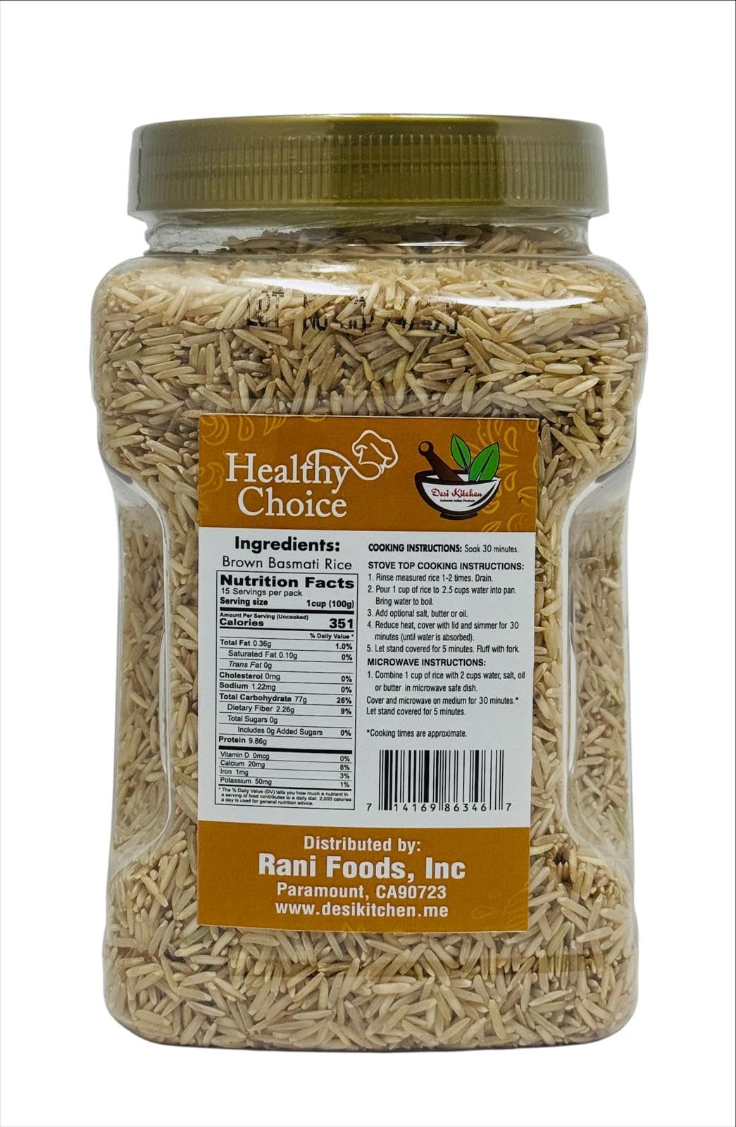 Desi Kitchen Brown Basmati Rice | 3.5 lbs (1.59kg) Jar | Healthy Whole Grain, Product of India