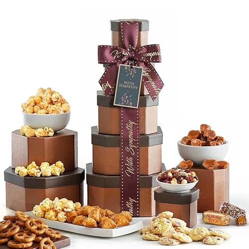 Broadway Basketeers Sympathy Gift Basket Tower - Gourmet Food Gift for Loss of Loved One - Bereavement & Condolences Gift Basket with Cookies & Snacks
