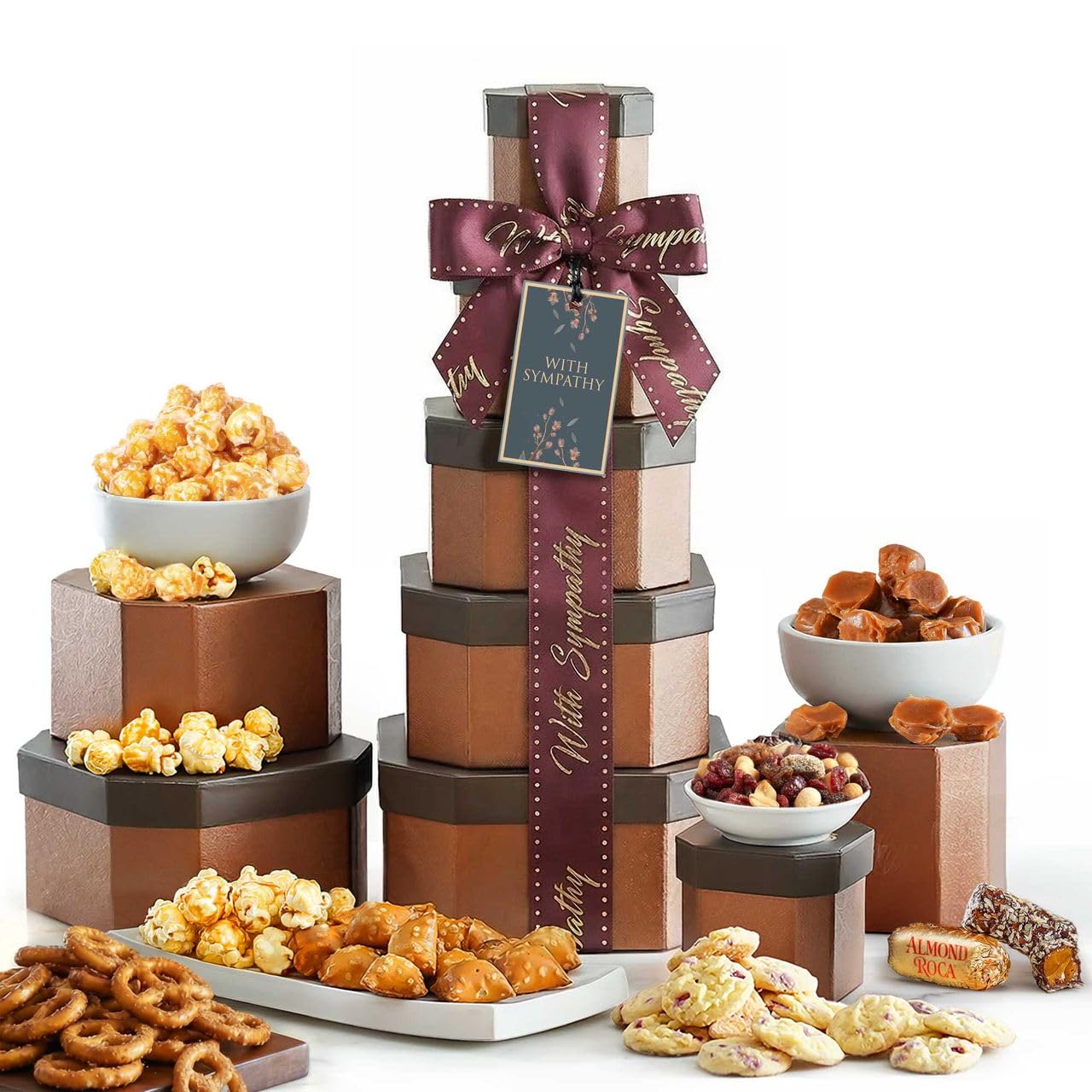 Broadway Basketeers Sympathy Gift Basket Tower - Gourmet Food Gift for Loss of Loved One - Bereavement & Condolences Gift Basket with Cookies & Snacks