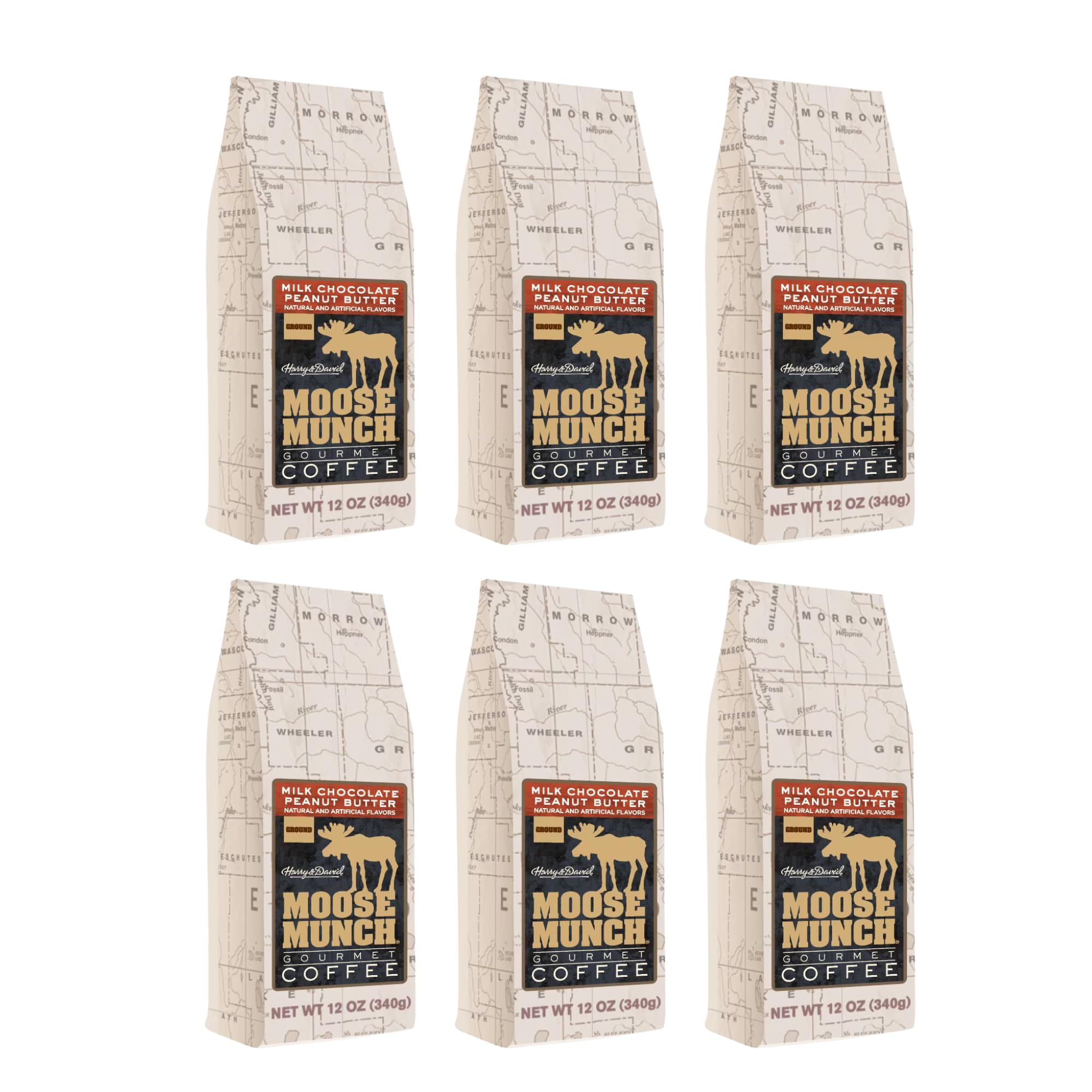 Moose Munch Gourmet Coffee by Harry & David, Milk Chocolate Peanut Butter Flavored Ground Coffee - 12 Ounce Bag (Case of 6)