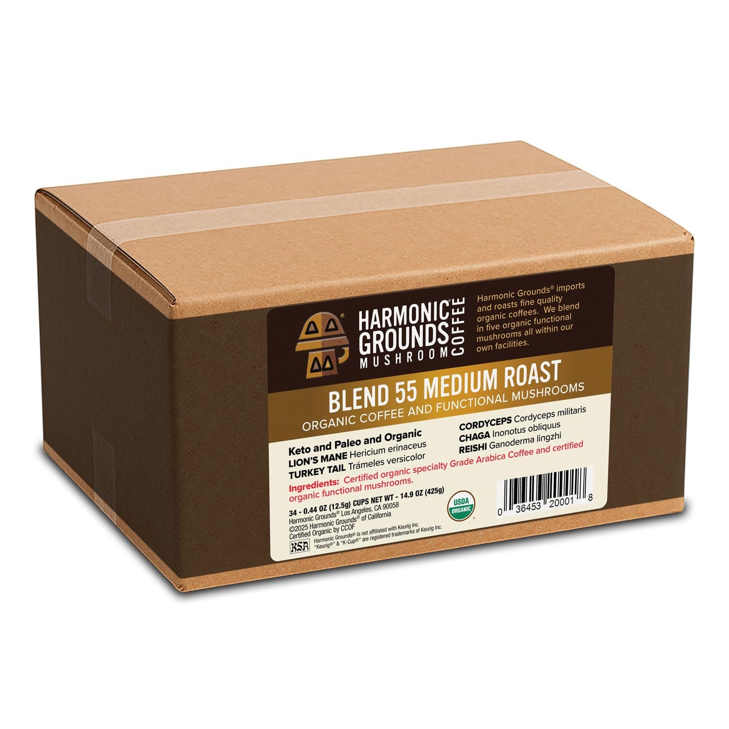 Harmonic Grounds Organic Mushroom Coffee Pods - Medium Roast Coffee with Lion's Mane, Reishi, Chaga, Cordyceps & Turkey Tail - Compatible with Keurig