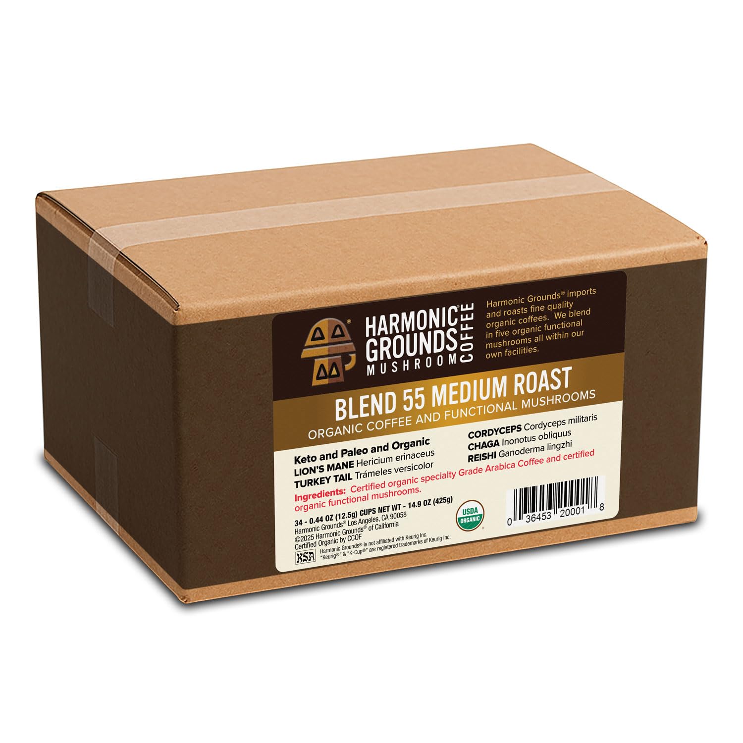 Harmonic Grounds Organic Mushroom Coffee Pods - Medium Roast Coffee with Lion's Mane, Reishi, Chaga, Cordyceps & Turkey Tail - Compatible with Keurig