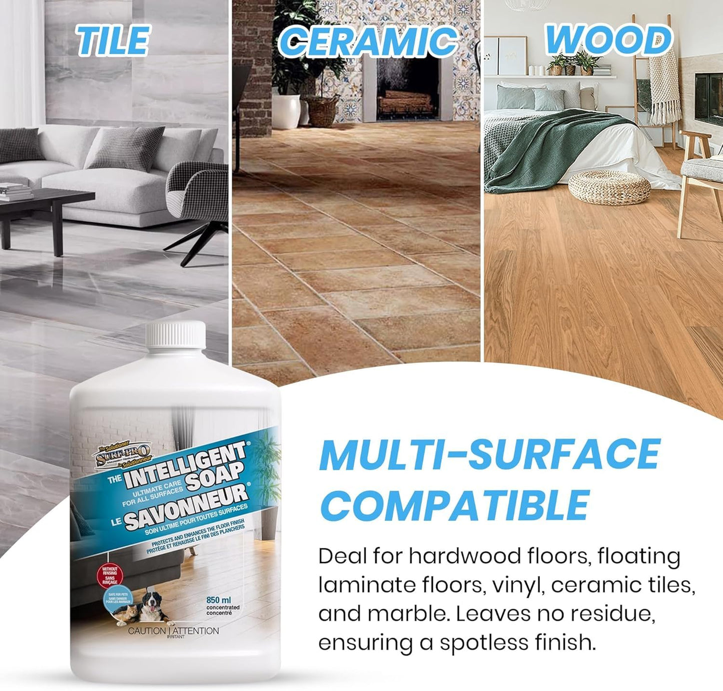 SURF PRO Floor Cleaner Concentrate for All Surfaces, no-rinse formula protects and enhances finish, 850 ml, pet safe, Intelligent Soap