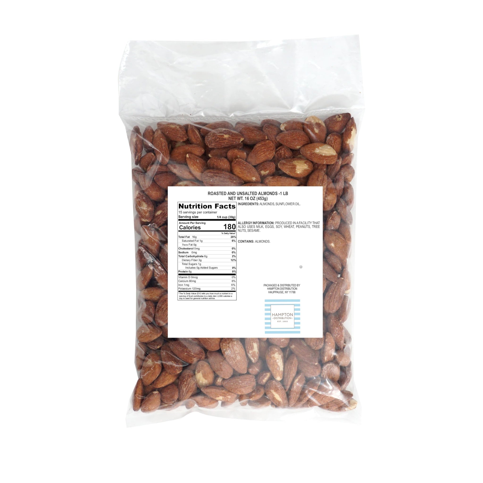 Roasted Unsalted Almonds, 1 Pound Bag, The Hampton Popcorn & Candy Company