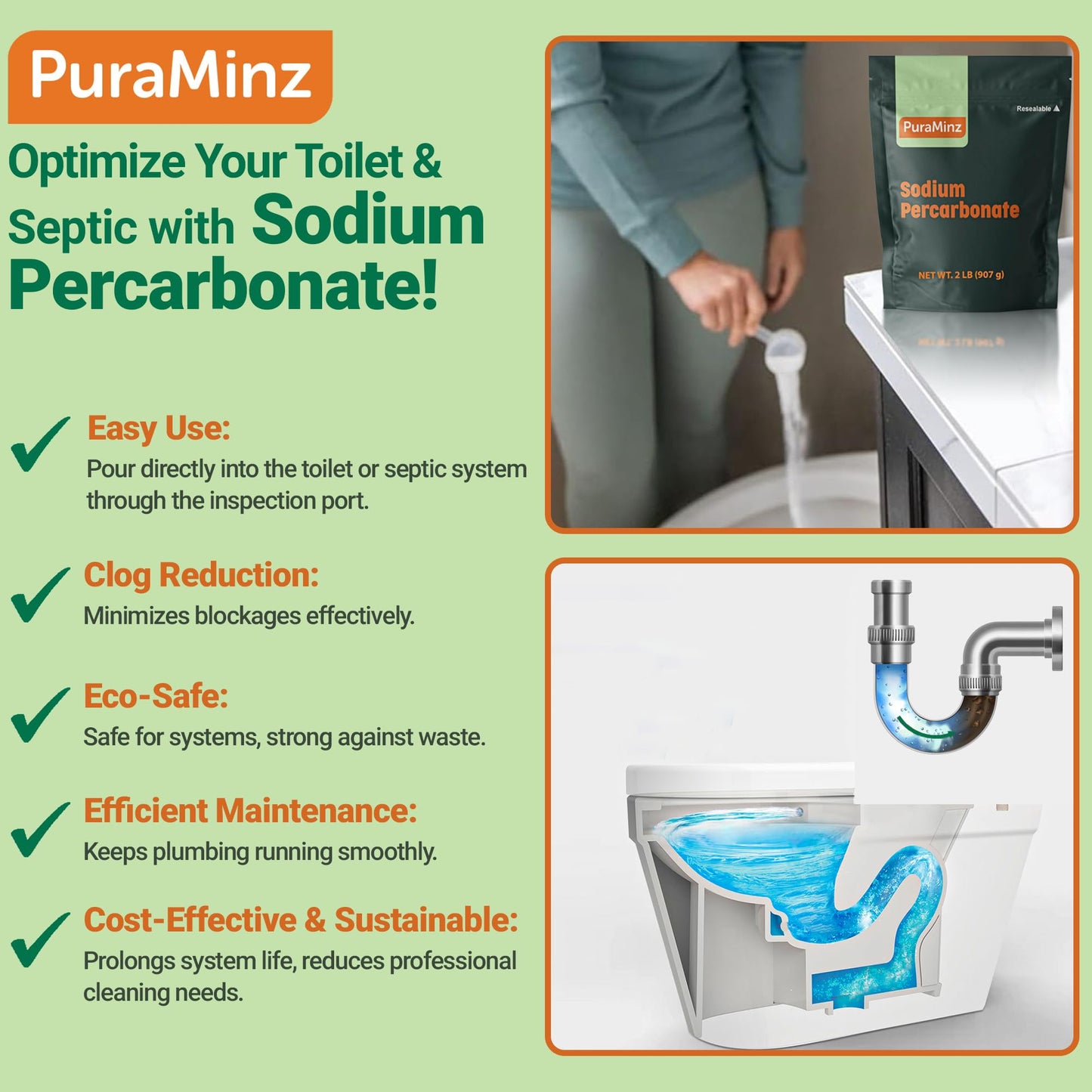 PuraMinz Sodium Percarbonate - 2 Pounds - Pure Oxygen Bleach Powder. Color Safe Stain & Grime Remover, Multi-Use Cleaner for Home & Laundry - Packed