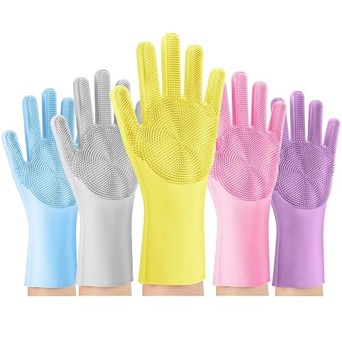 Silicone Dishwashing Scrubber Glove Brush - Reusable Rubber Kitchen Gloves for Housework, Car, Bathroom, Clothes, Pet (Yellow)