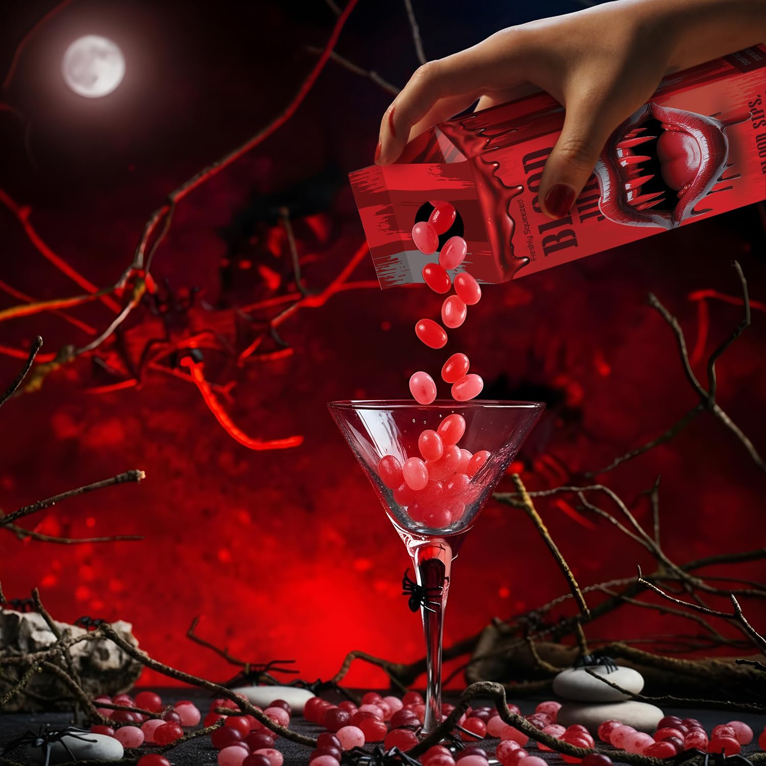 Blood Juice Halloween Jelly Beans - 4 Pack Red Bottle Cartons Filled with Red Jelly Bean Candy - Spooky Prank Novelty Gift for Party, Haunted Houses